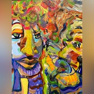 Abstract pair couple expressionist style acrylic painting 5x5” square glossed